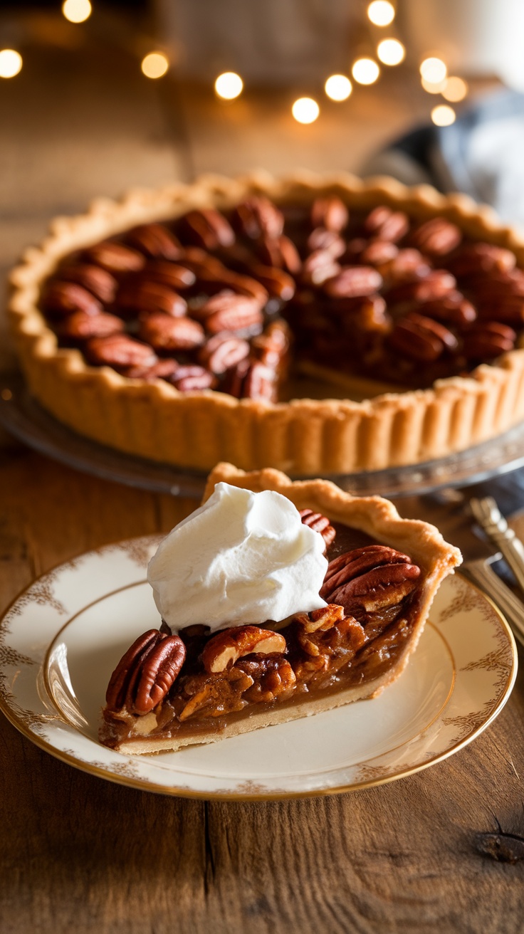 Grandma A golden brown southern pecan pie with toasted pecans, served with whipped cream on a rustic table.